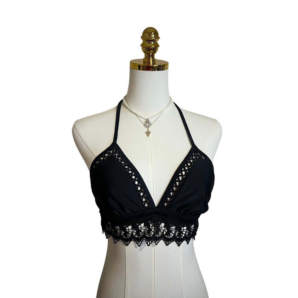 Black Crochet Lace Halter Bikini Top Triangle Boho‎ Swim Top Gold Clasp Closure